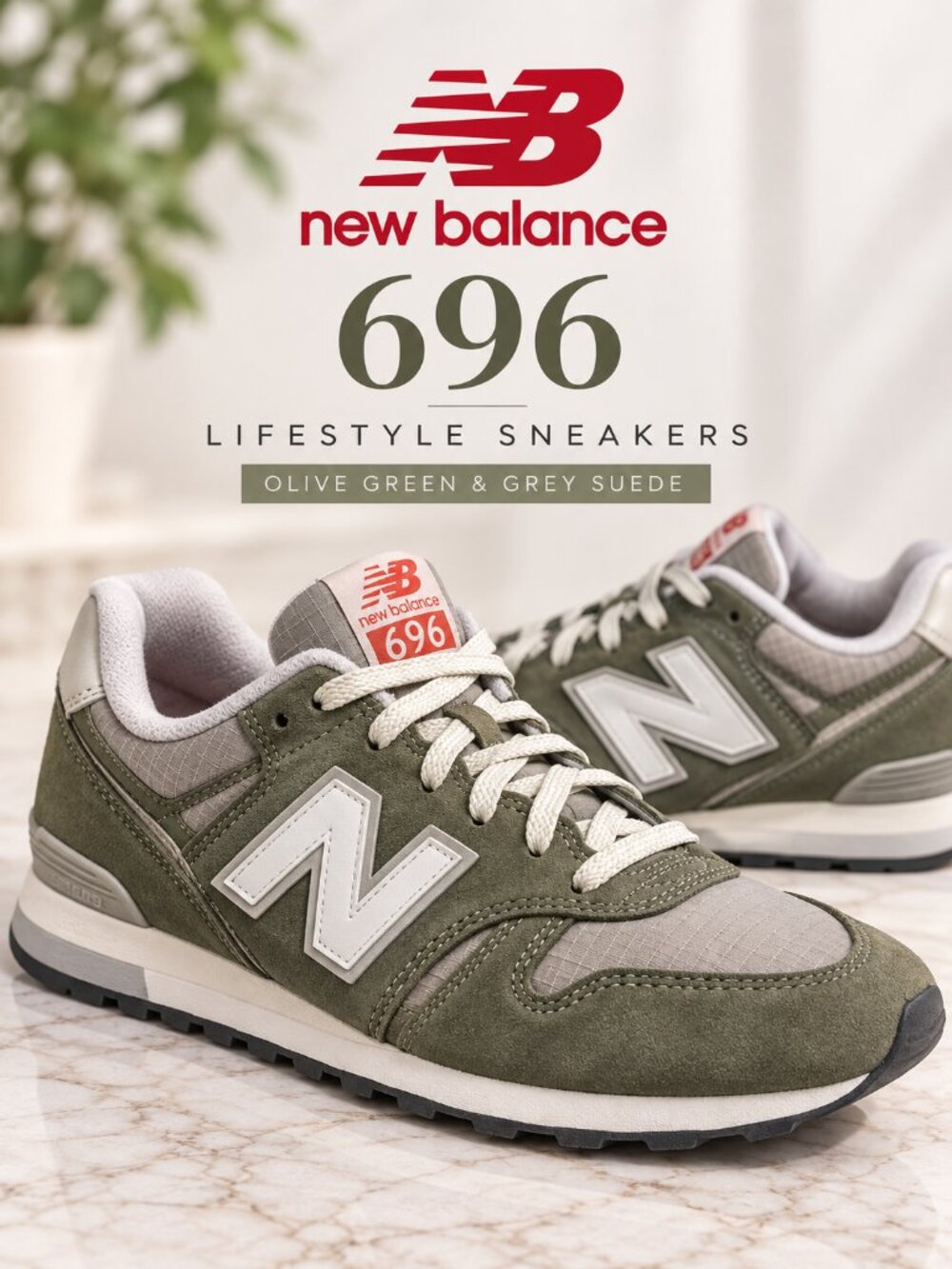 New Balance 696 Lifestyle Sneakers - Olive Green & Grey Suede